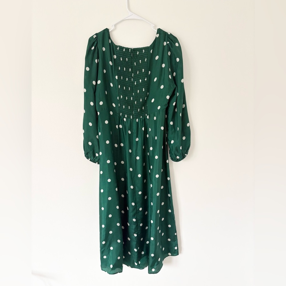 J Crew NEW Green White Polka Dot Sweetheart Long Sleeve Midi Dress Size 12 - Picture 10 of 13